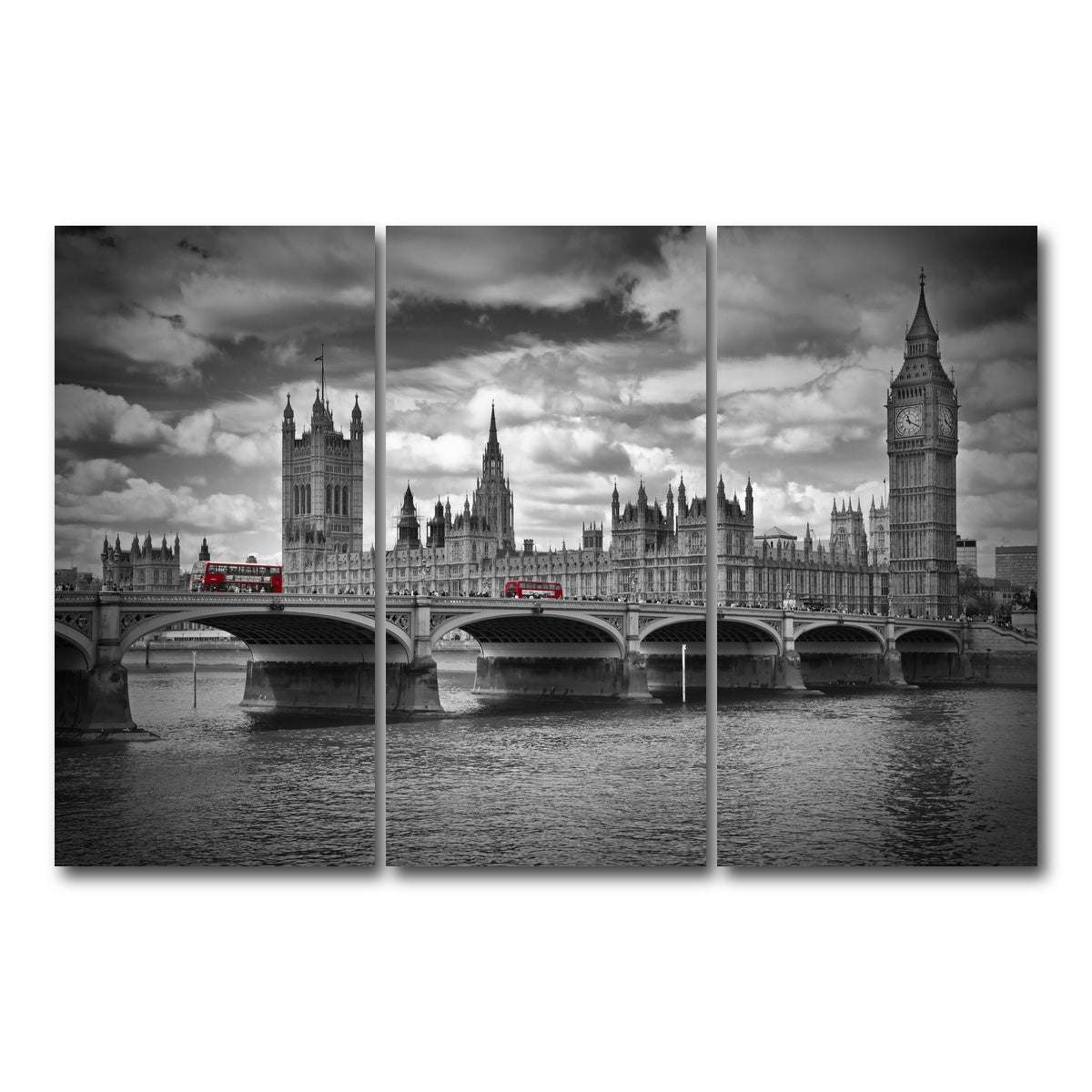 AUTO-MOCKUP WHITE | London Houses of Parliament & Red Buses | 3 Piece | Gallery Wrap Canvas | group=12x24