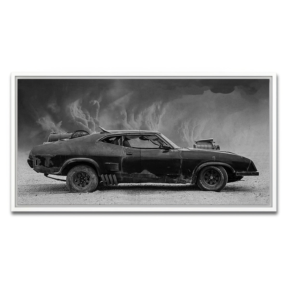 AUTO-MOCKUP WHITE | Mad Max Interceptor Grayscale | 1 Piece | White Framed Canvas | group=2x1