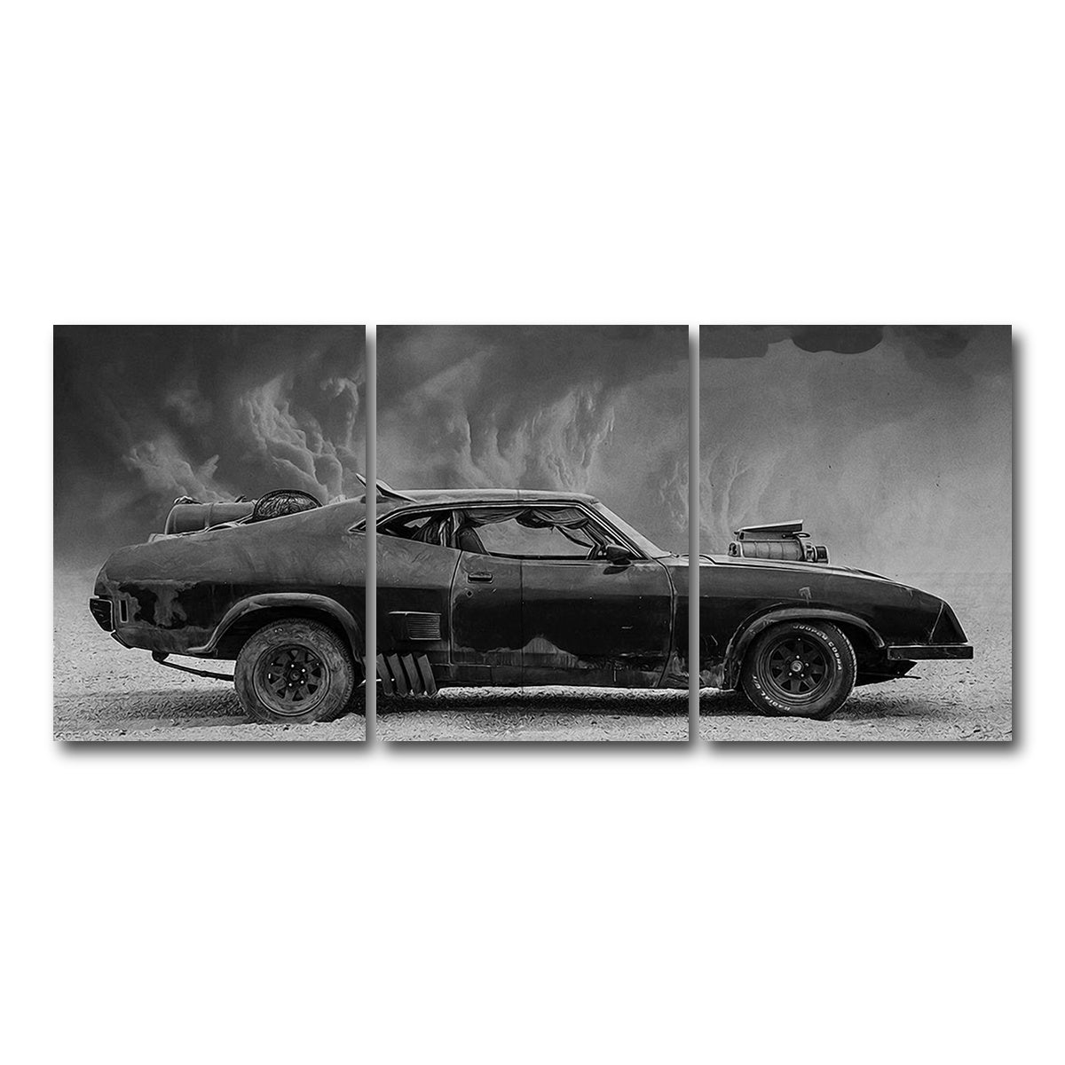 AUTO-MOCKUP WHITE | Mad Max Interceptor Grayscale | 3 Piece | Gallery Wrap Canvas | group=18x24
