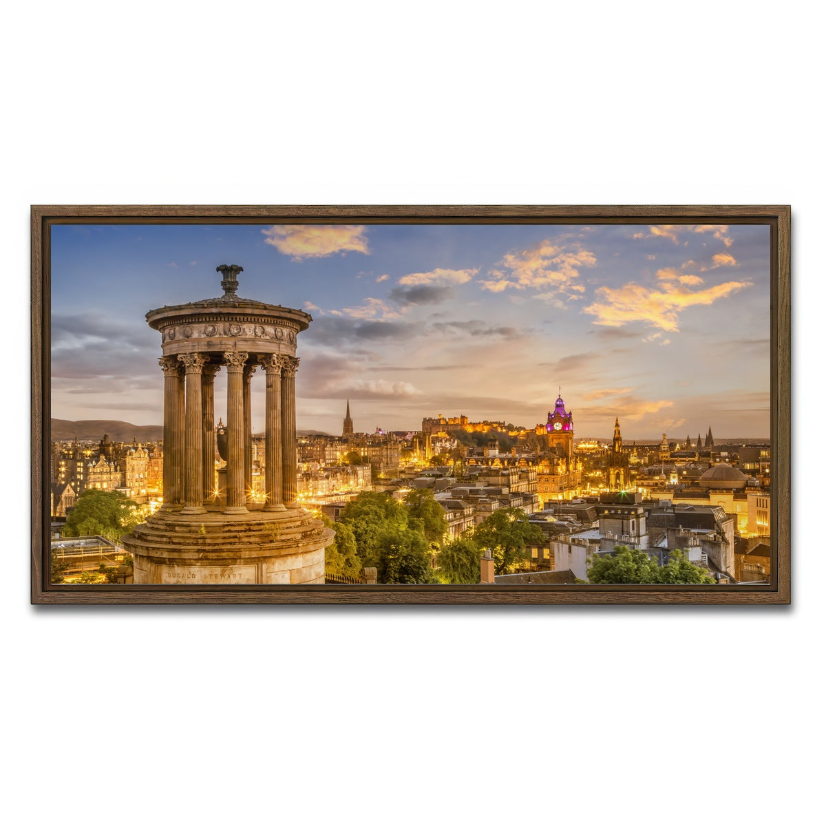 AUTO-MOCKUP WHITE | Magical sunset over Edinburgh | 1 Piece | Walnut Framed Canvas | group=2x1