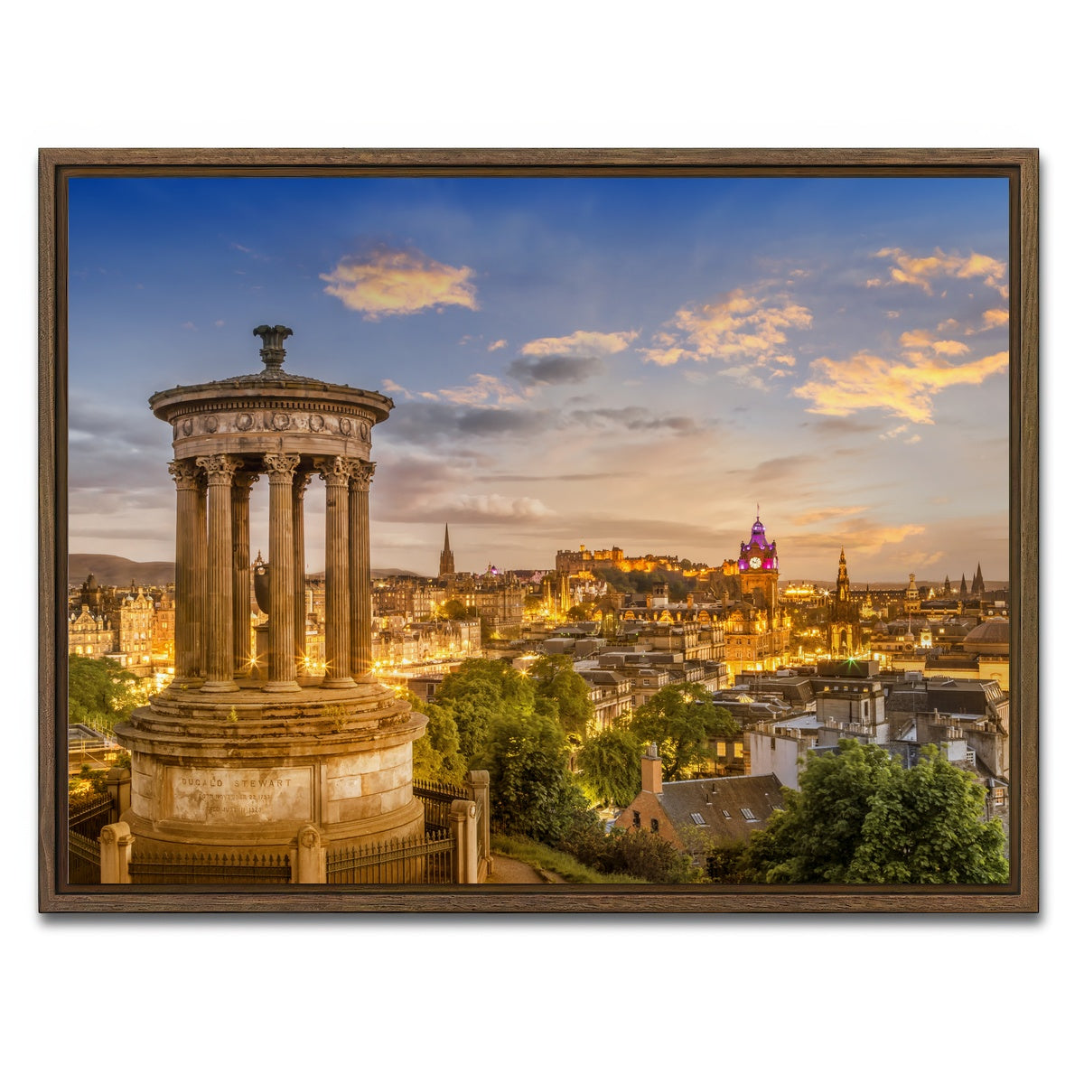 AUTO-MOCKUP WHITE | Magical sunset over Edinburgh | 1 Piece | Walnut Framed Canvas | group=4x3