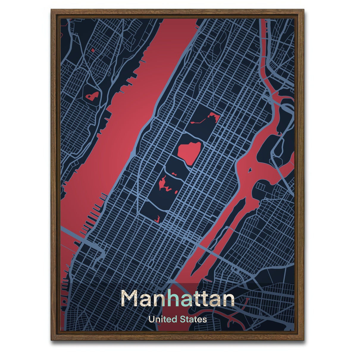 AUTO-MOCKUP WHITE | Manhattan Map | 1 Piece | Walnut Framed Canvas | group=3x4