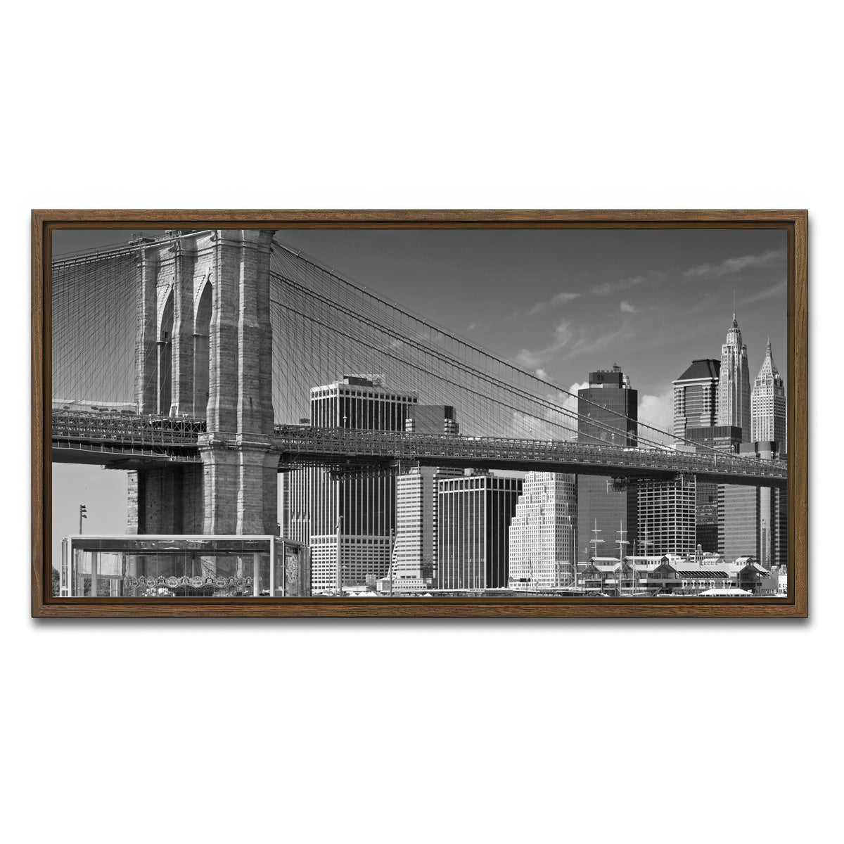 AUTO-MOCKUP WHITE | Manhattan Skyline & Brooklyn Bridge Monochrome | 1 Piece | Walnut Framed Canvas | group=2x1