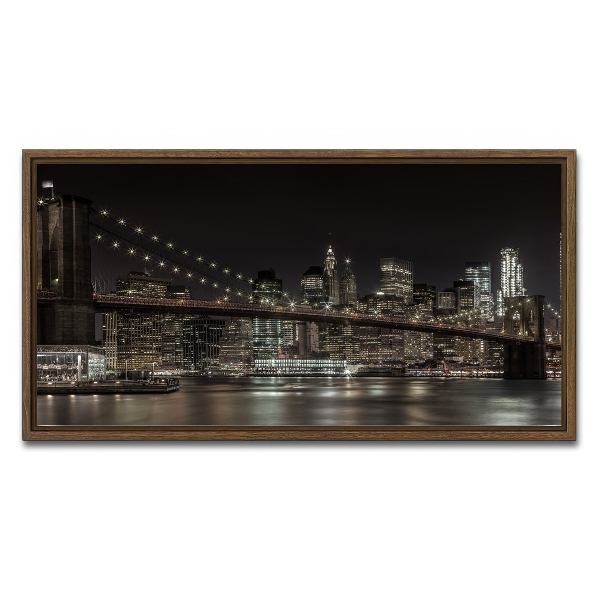 AUTO-MOCKUP WHITE | Manhattan Skyline & Brooklyn Bridge Panorama | 1 Piece | Walnut Framed Canvas | group=2x1