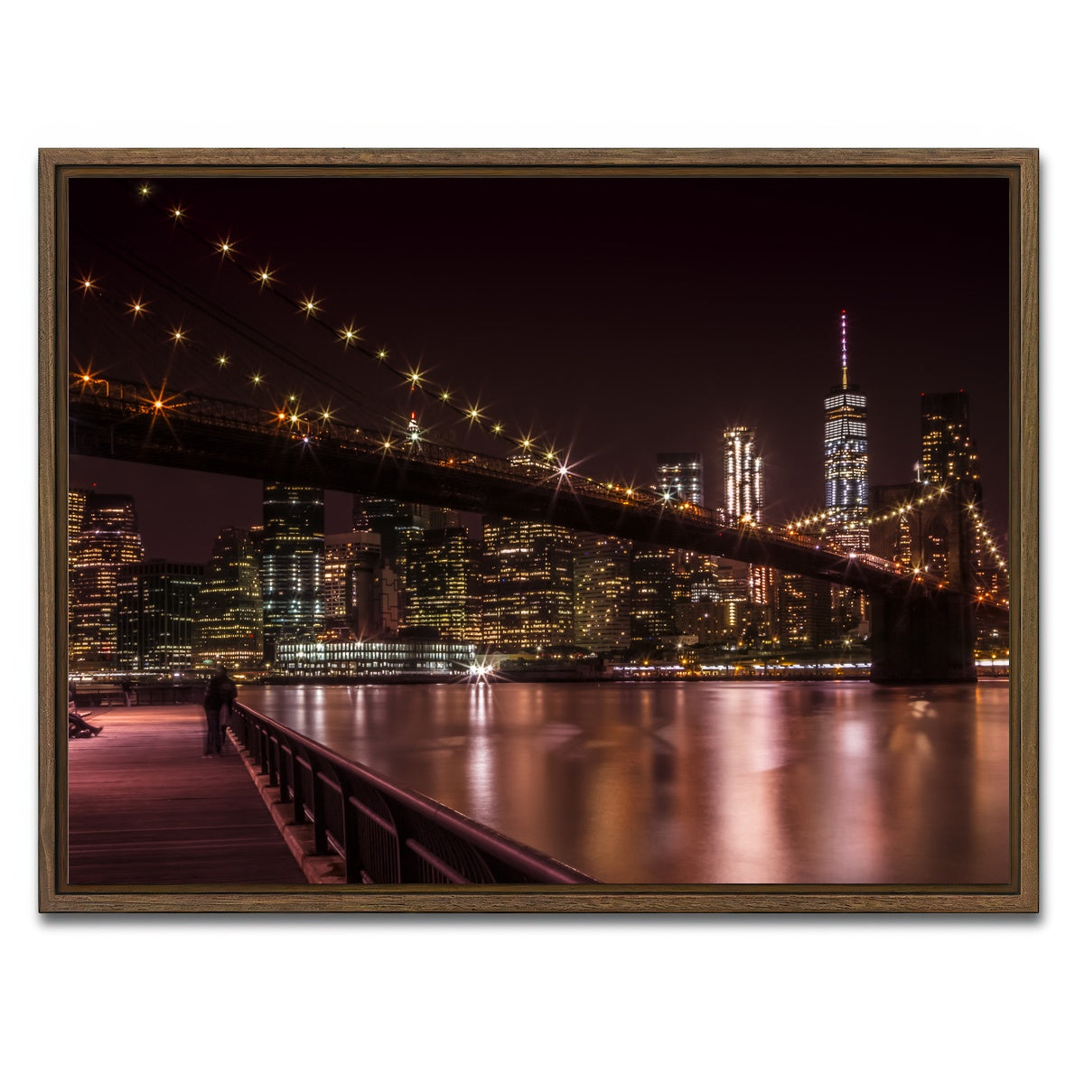 AUTO-MOCKUP WHITE | Manhattan Skyline & Brooklyn Bridge Sunset | 1 Piece | Walnut Framed Canvas | group=4x3