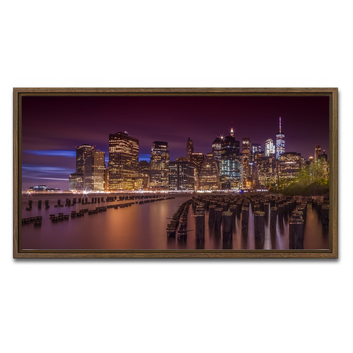 AUTO-MOCKUP WHITE | Manhattan Skyline at Sunset | 1 Piece | Walnut Framed Canvas | group=2x1