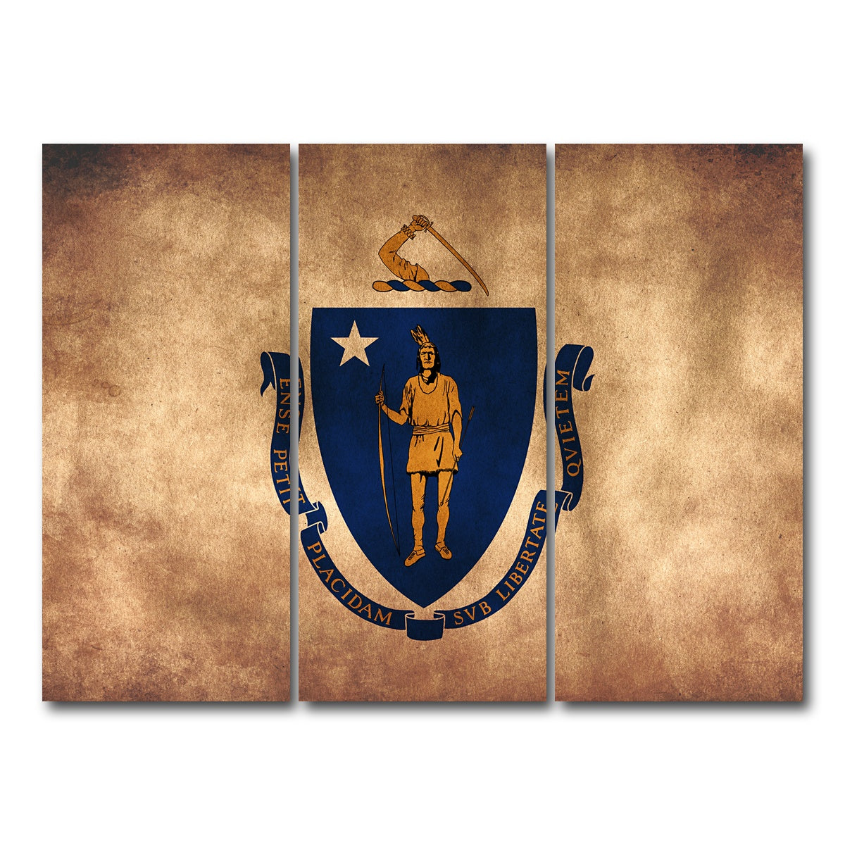 AUTO-MOCKUP WHITE | Massachusetts State Flag Grunge | 3 Piece | Gallery Wrap Canvas | group=8x18