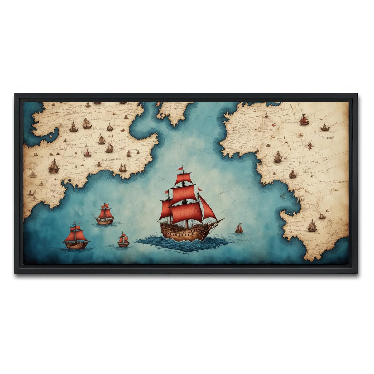 AUTO-MOCKUP WHITE | Medieval nautical map | 1 Piece | Black Framed Canvas | group=2x1