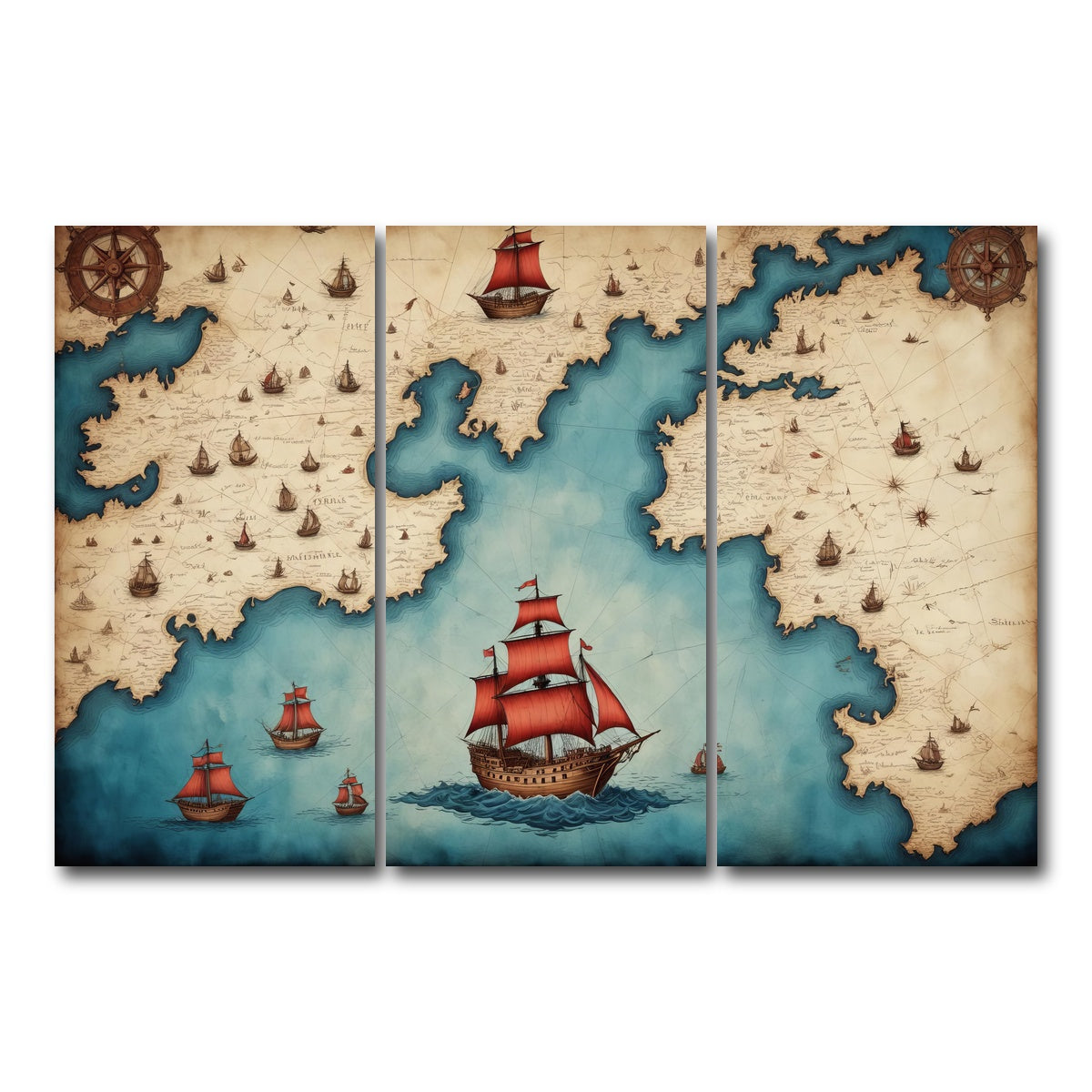 AUTO-MOCKUP WHITE | Medieval nautical map | 3 Piece | Gallery Wrap Canvas | group=12x24