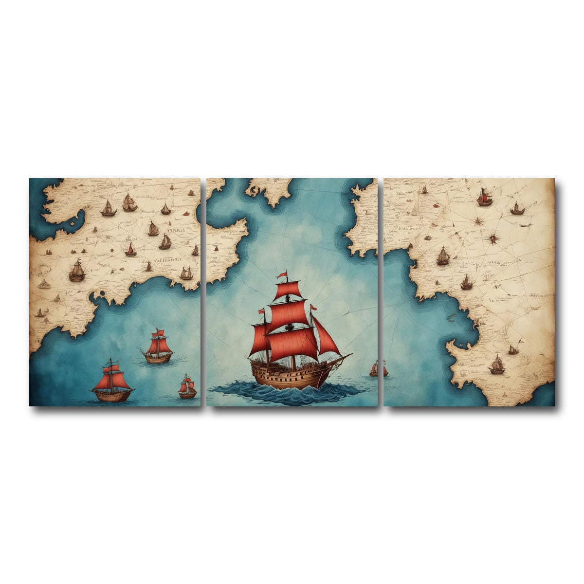 AUTO-MOCKUP WHITE | Medieval nautical map | 3 Piece | Gallery Wrap Canvas | group=18x24