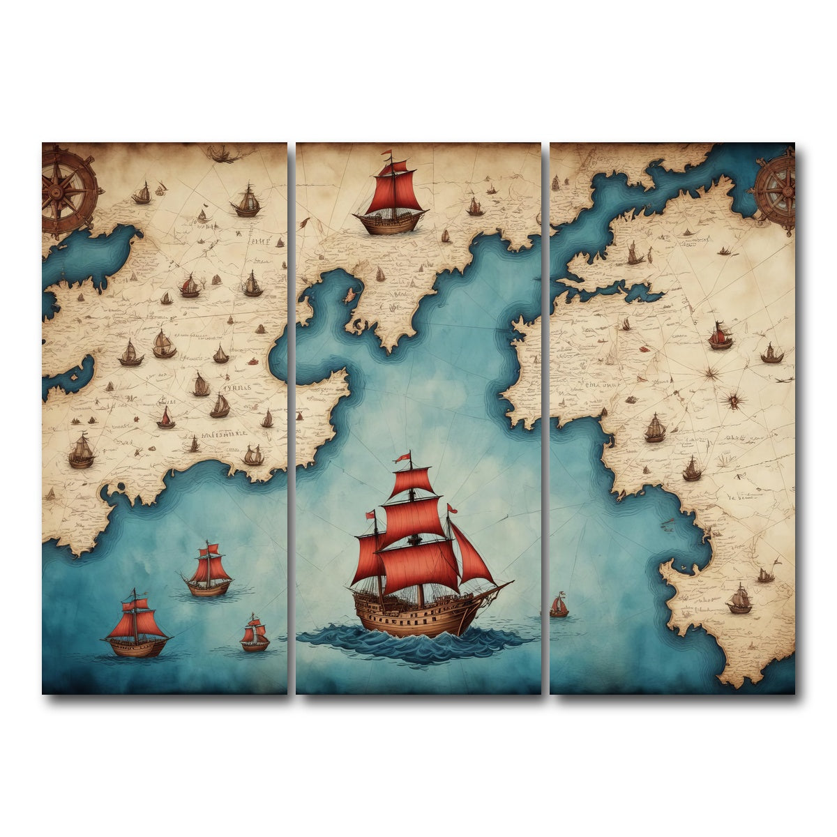 AUTO-MOCKUP WHITE | Medieval nautical map | 3 Piece | Gallery Wrap Canvas | group=8x18