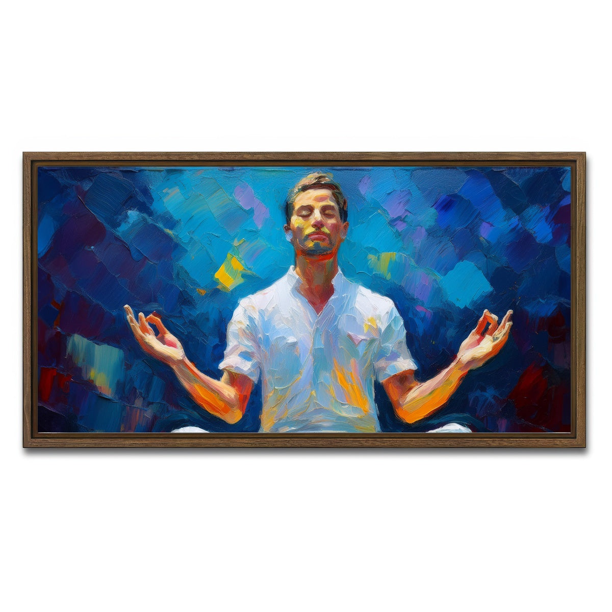 AUTO-MOCKUP WHITE | Meditating Man | 1 Piece | Walnut Framed Canvas | group=2x1