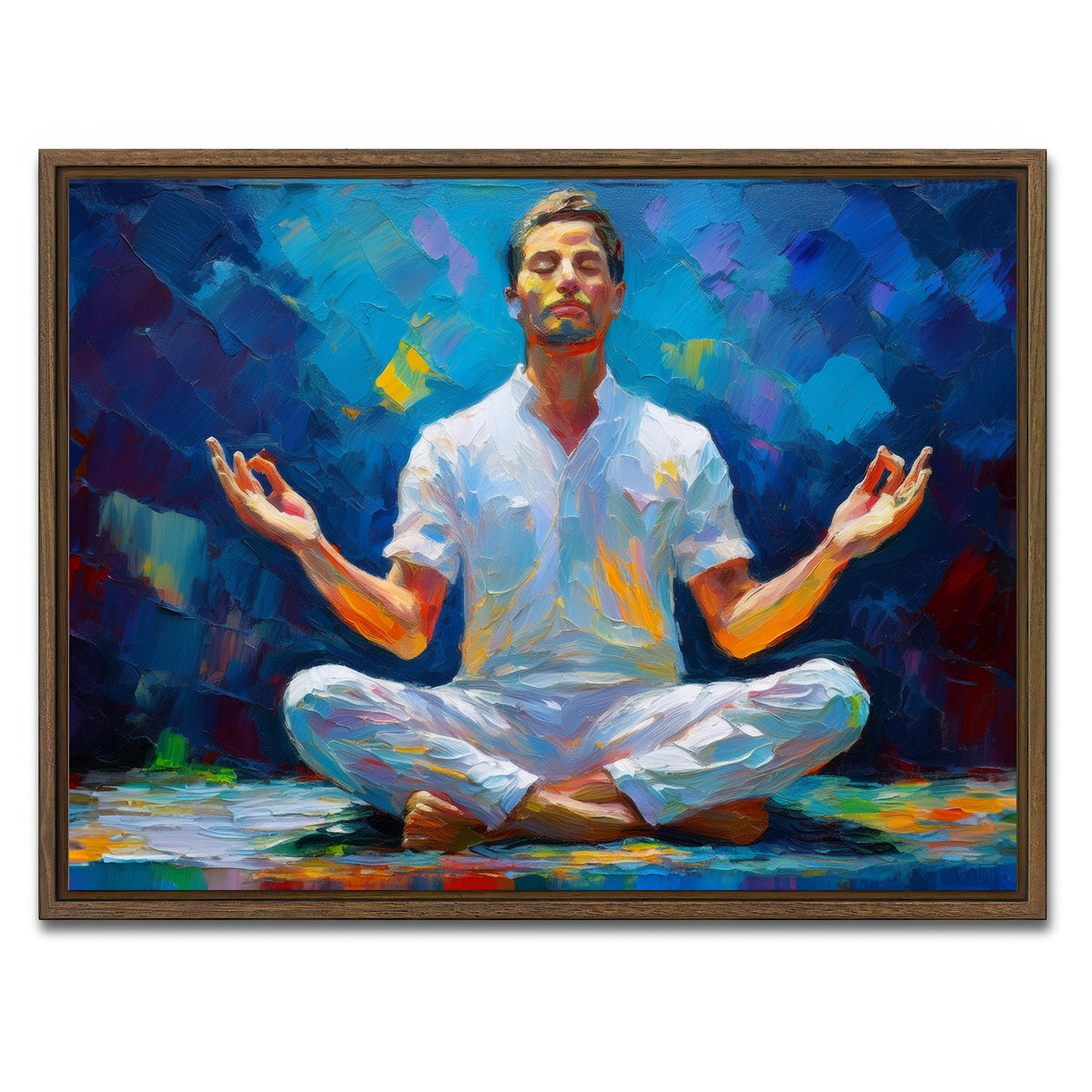 AUTO-MOCKUP WHITE | Meditating Man | 1 Piece | Walnut Framed Canvas | group=4x3