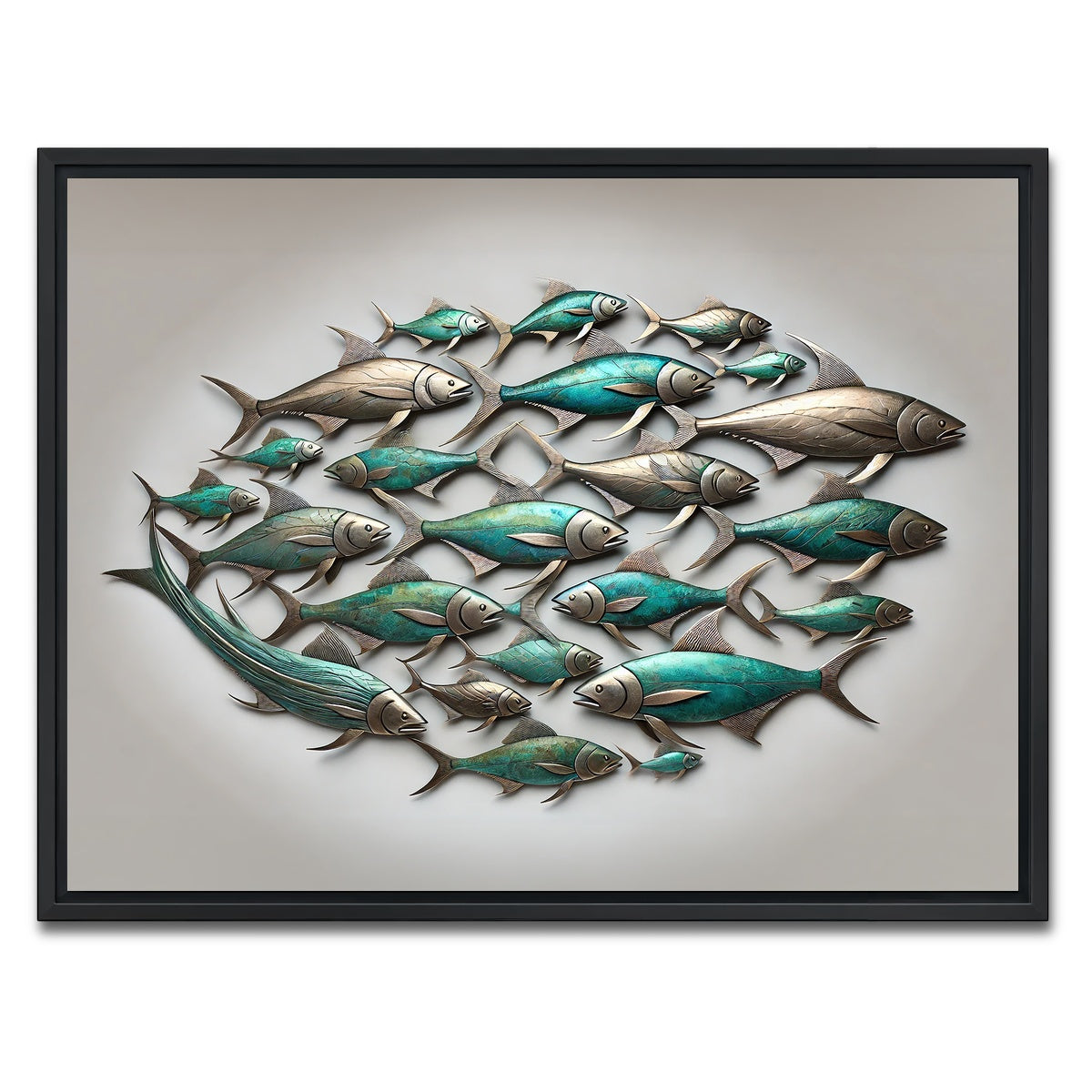AUTO-MOCKUP WHITE | Metal artwork of group of fish | 1 Piece | Black Framed Canvas | group=4x3