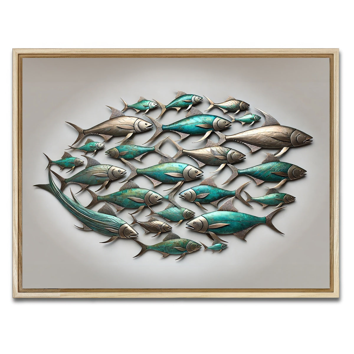 AUTO-MOCKUP WHITE | Metal artwork of group of fish | 1 Piece | Natural Framed Canvas | group=4x3