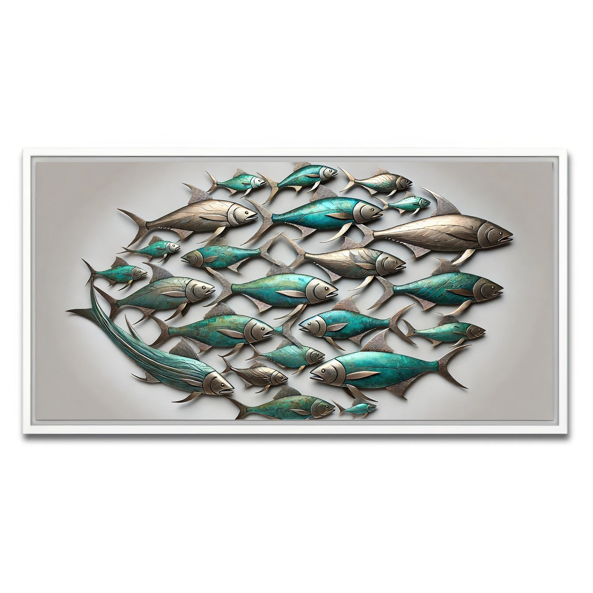 AUTO-MOCKUP WHITE | Metal artwork of group of fish | 1 Piece | White Framed Canvas | group=2x1