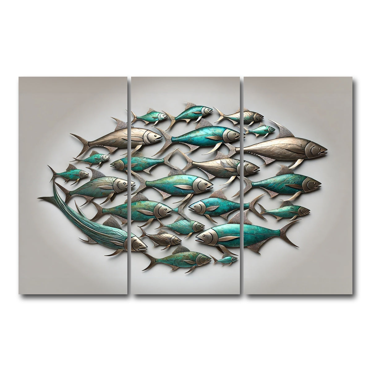 AUTO-MOCKUP WHITE | Metal artwork of group of fish | 3 Piece | Gallery Wrap Canvas | group=12x24