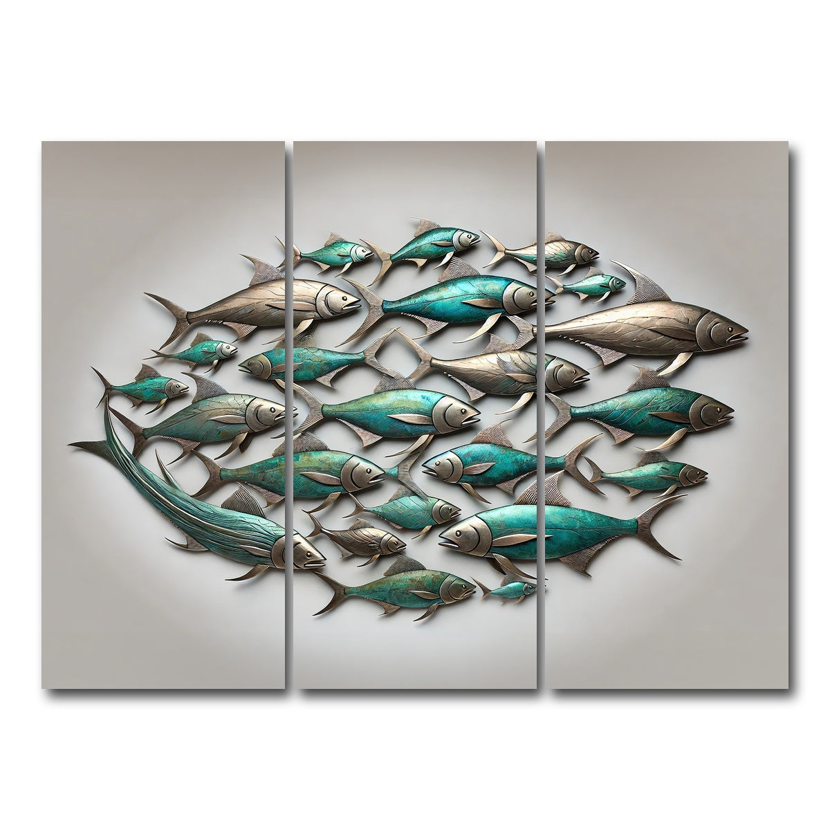 AUTO-MOCKUP WHITE | Metal artwork of group of fish | 3 Piece | Gallery Wrap Canvas | group=8x18