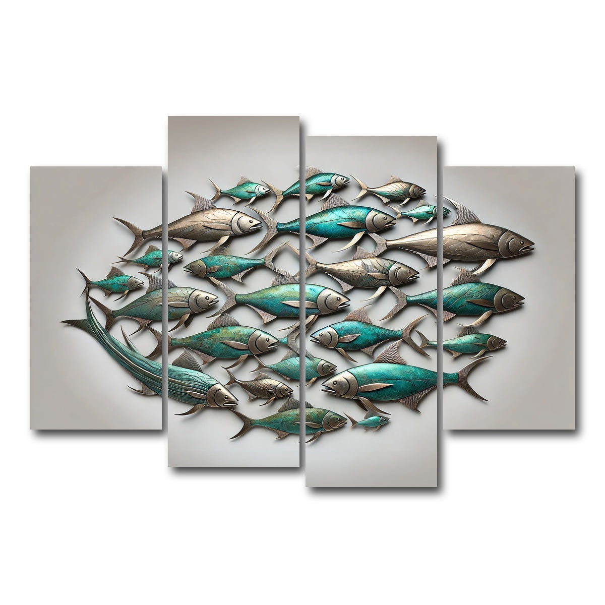AUTO-MOCKUP WHITE | Metal artwork of group of fish | 4 Piece | Gallery Wrap Canvas | group=4_short