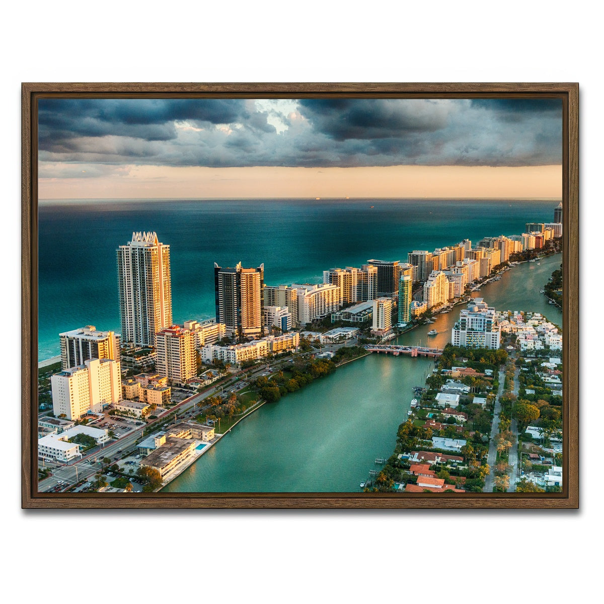 AUTO-MOCKUP WHITE | Miami Beach skyline | 1 Piece | Walnut Framed Canvas | group=4x3