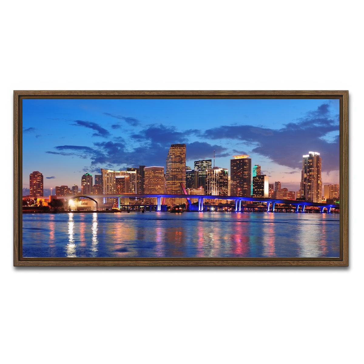 AUTO-MOCKUP WHITE | Miami Night Skyline | 1 Piece | Walnut Framed Canvas | group=2x1