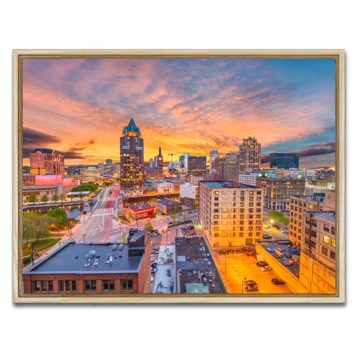 AUTO-MOCKUP WHITE | Milwaukee skyline at dusk | 1 Piece | Natural Framed Canvas | group=4x3