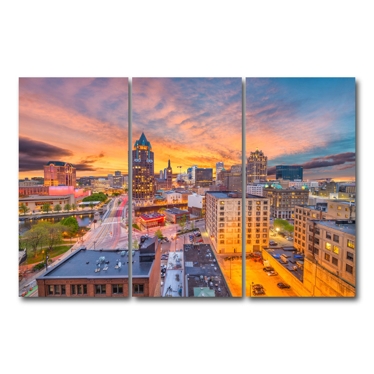 AUTO-MOCKUP WHITE | Milwaukee skyline at dusk | 3 Piece | Gallery Wrap Canvas | group=12x24
