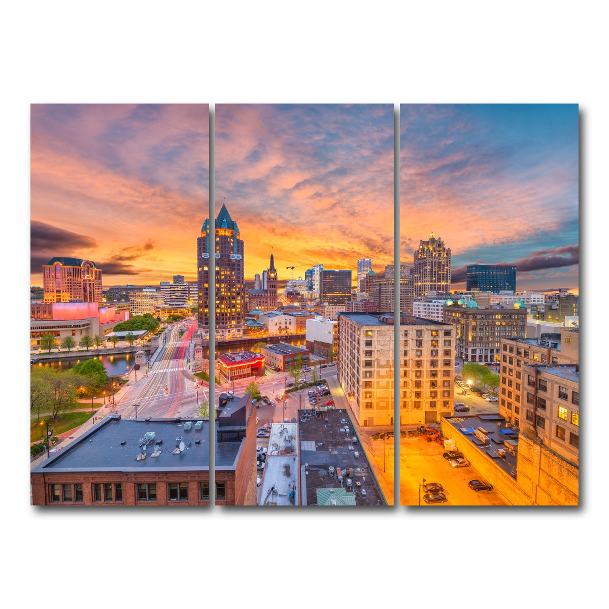 AUTO-MOCKUP WHITE | Milwaukee skyline at dusk | 3 Piece | Gallery Wrap Canvas | group=8x18