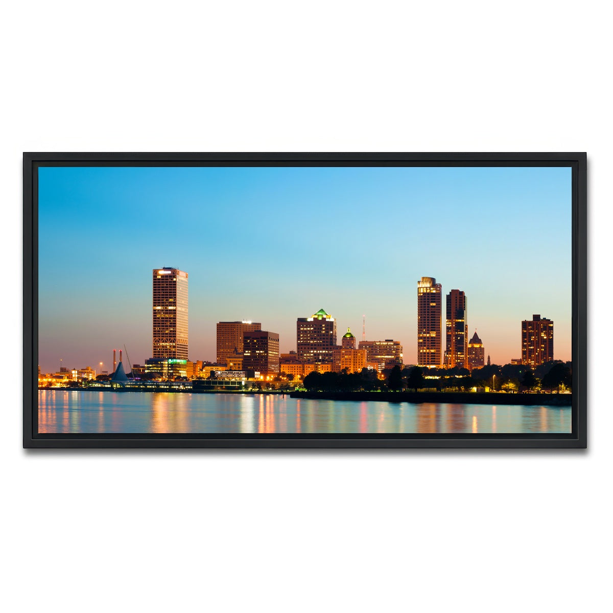 AUTO-MOCKUP WHITE | Milwaukee skyline at twilight | 1 Piece | Black Framed Canvas | group=2x1