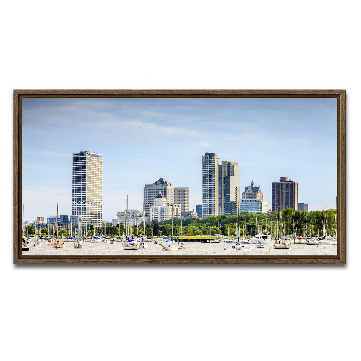 AUTO-MOCKUP WHITE | Milwaukee skyline day | 1 Piece | Walnut Framed Canvas | group=2x1