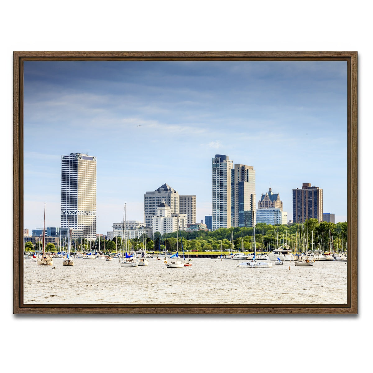 AUTO-MOCKUP WHITE | Milwaukee skyline day | 1 Piece | Walnut Framed Canvas | group=4x3
