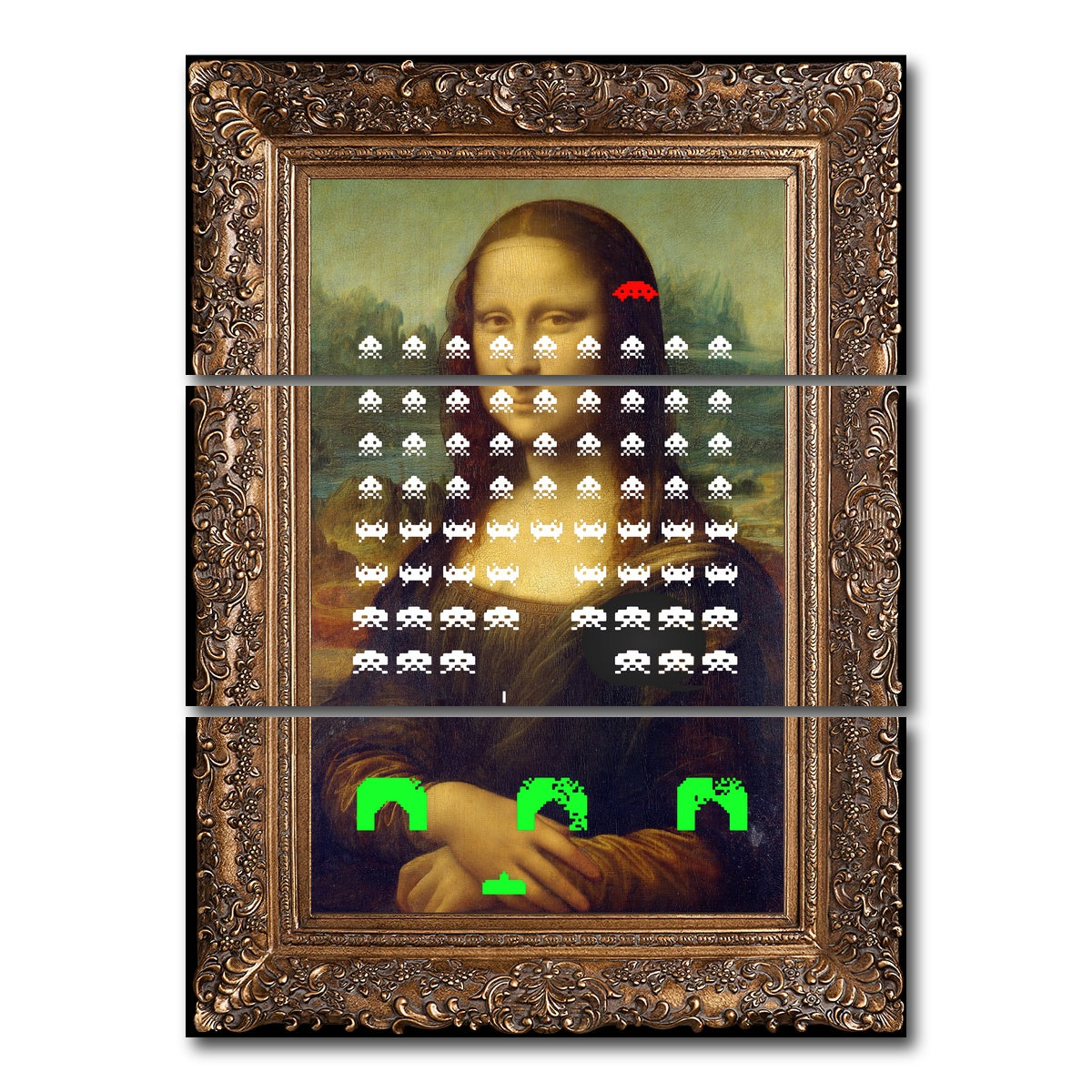 AUTO-MOCKUP WHITE | Mona Lisa Space Invaders | 3 Piece | Gallery Wrap Canvas | group=8x18_stacked