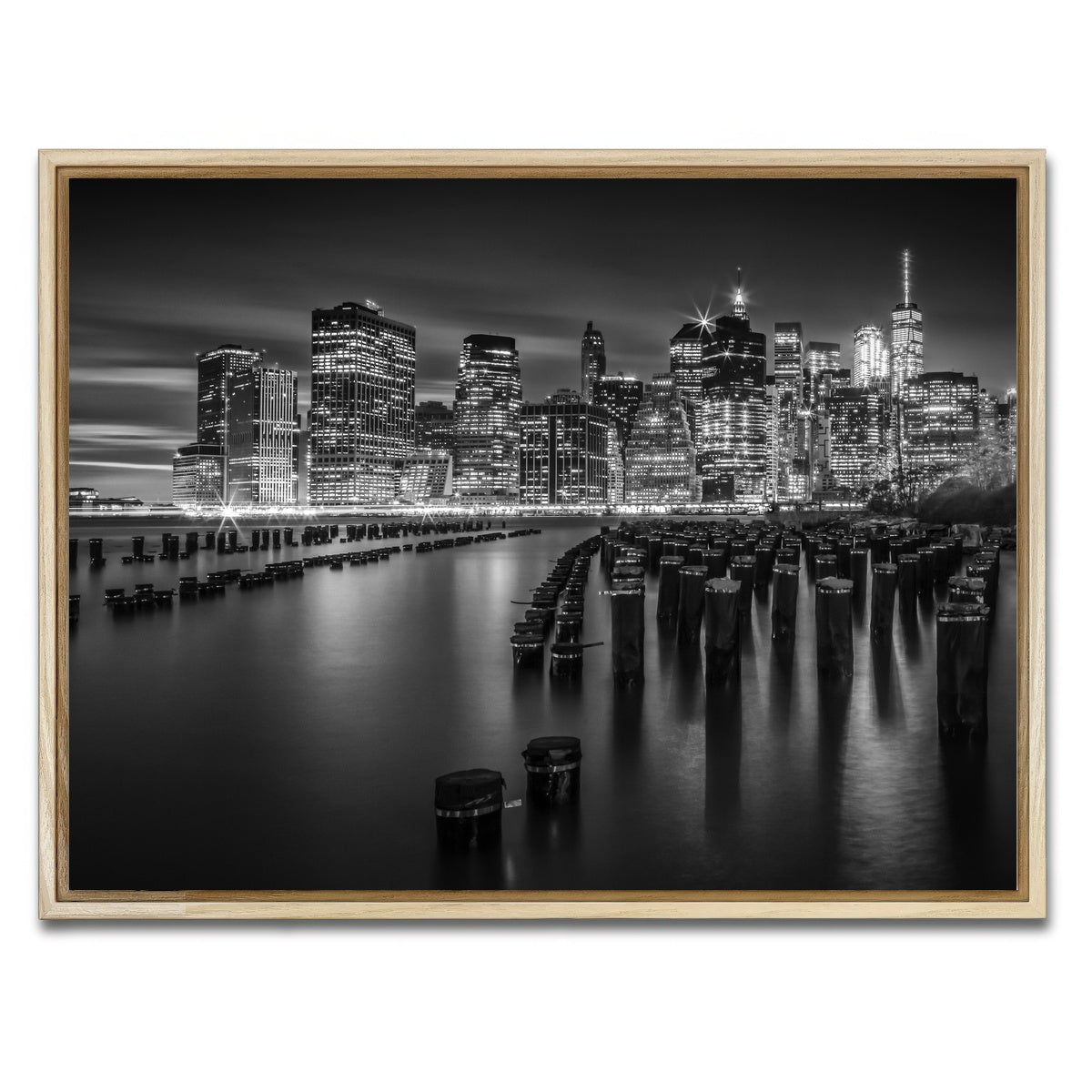 AUTO-MOCKUP WHITE | Monochrome Manhattan Skyline at Sunset | 1 Piece | Natural Framed Canvas | group=4x3