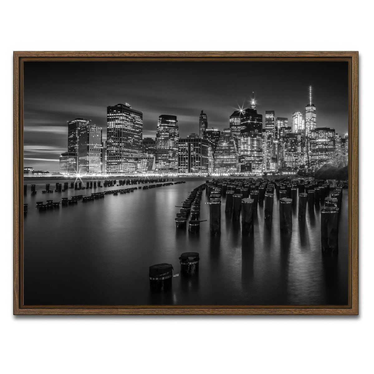 AUTO-MOCKUP WHITE | Monochrome Manhattan Skyline at Sunset | 1 Piece | Walnut Framed Canvas | group=4x3