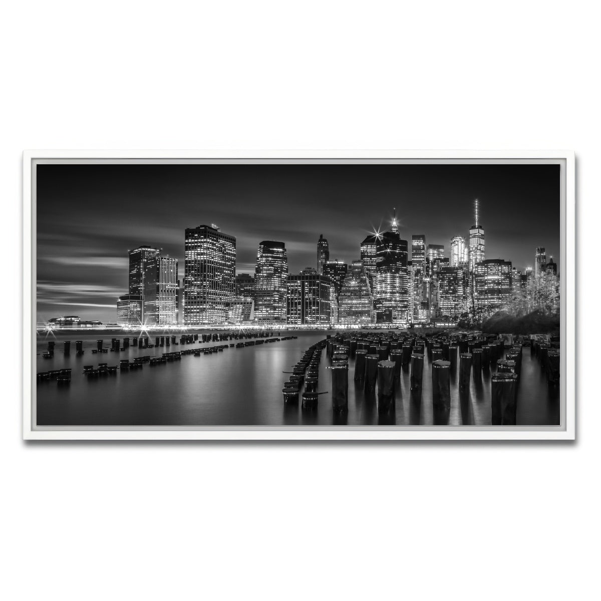 AUTO-MOCKUP WHITE | Monochrome Manhattan Skyline at Sunset | 1 Piece | White Framed Canvas | group=2x1