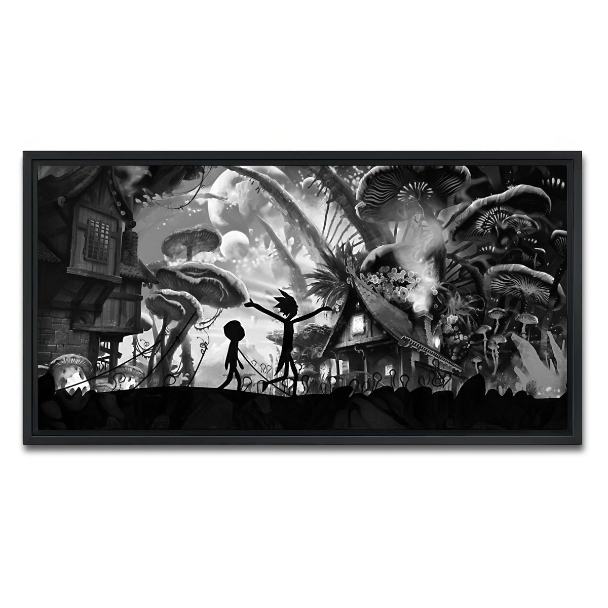 AUTO-MOCKUP WHITE | Mushroom World Rick and Morty Grayscale | 1 Piece | Black Framed Canvas | group=2x1