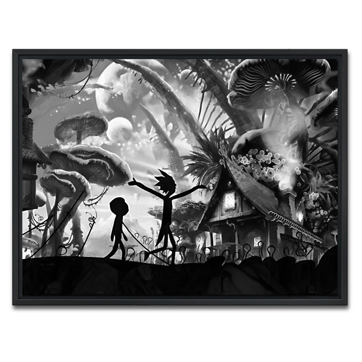 AUTO-MOCKUP WHITE | Mushroom World Rick and Morty Grayscale | 1 Piece | Black Framed Canvas | group=4x3