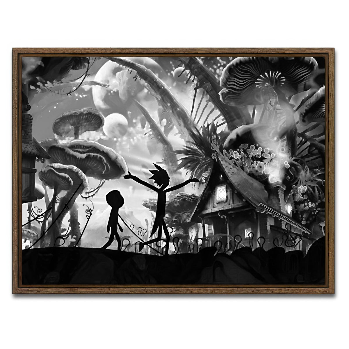 AUTO-MOCKUP WHITE | Mushroom World Rick and Morty Grayscale | 1 Piece | Walnut Framed Canvas | group=4x3