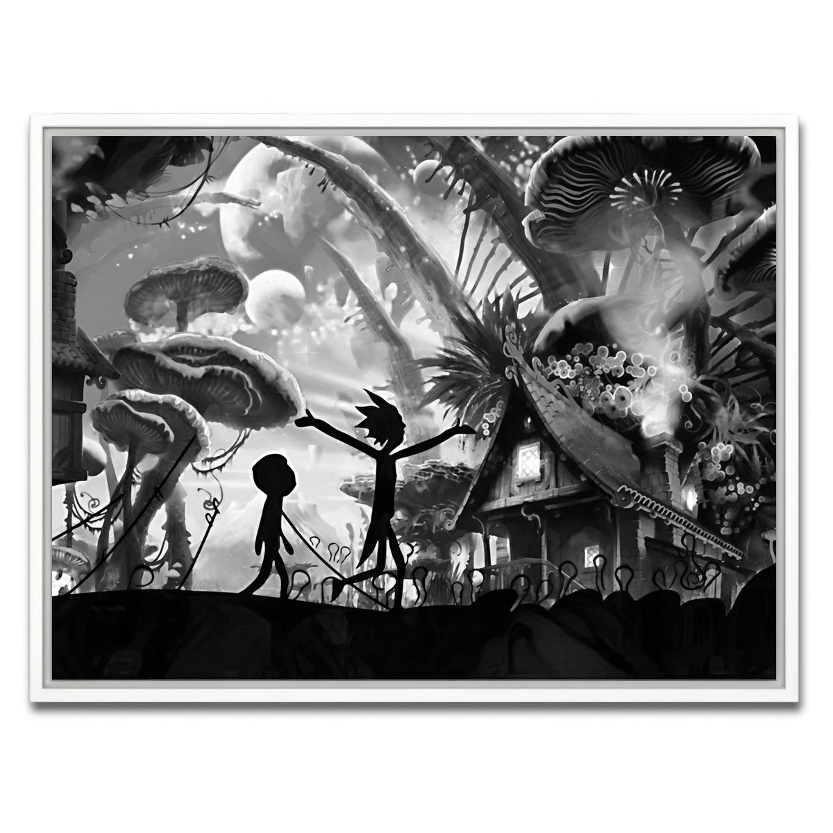 AUTO-MOCKUP WHITE | Mushroom World Rick and Morty Grayscale | 1 Piece | White Framed Canvas | group=4x3