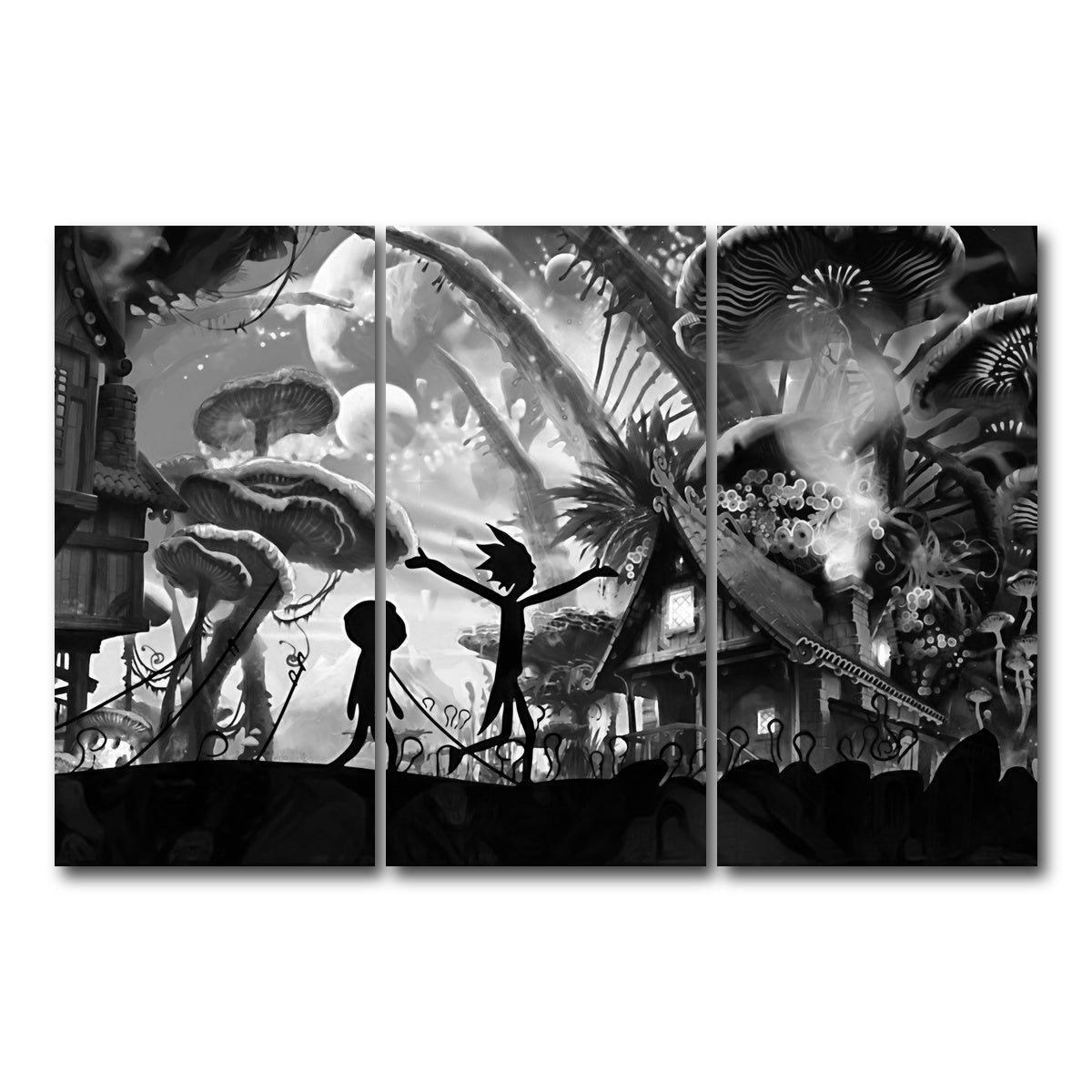 AUTO-MOCKUP WHITE | Mushroom World Rick and Morty Grayscale | 3 Piece | Gallery Wrap Canvas | group=12x24