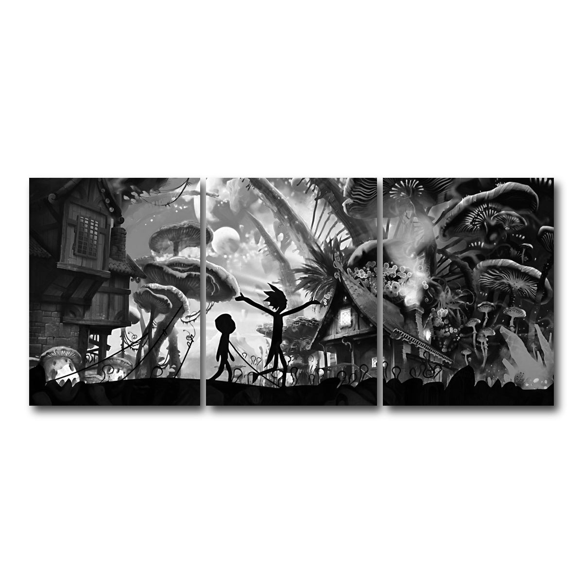 AUTO-MOCKUP WHITE | Mushroom World Rick and Morty Grayscale | 3 Piece | Gallery Wrap Canvas | group=18x24