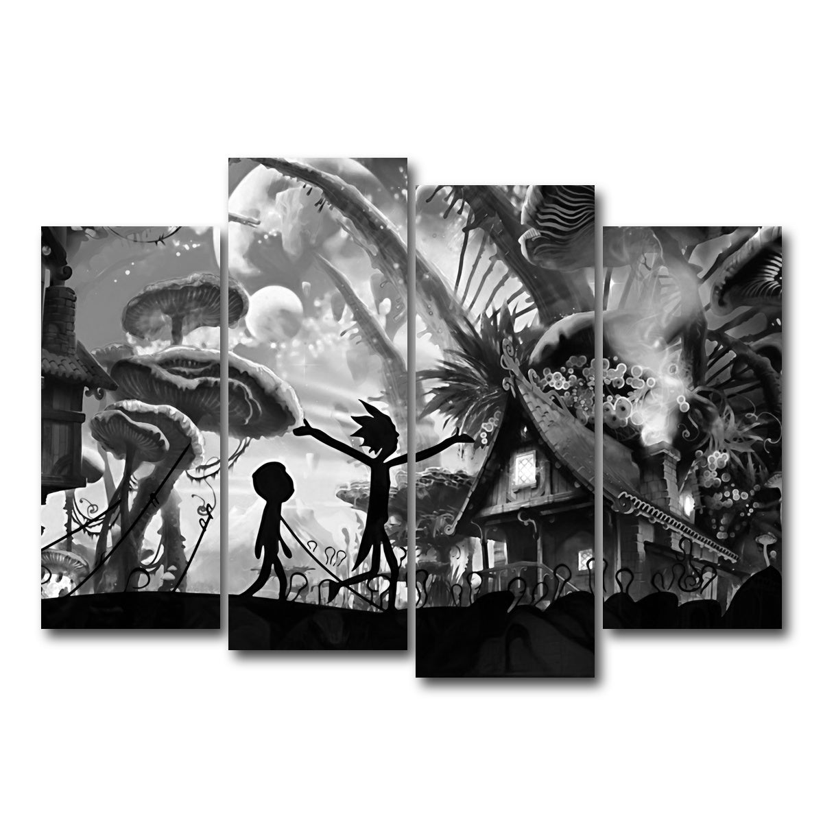 AUTO-MOCKUP WHITE | Mushroom World Rick and Morty Grayscale | 4 Piece | Gallery Wrap Canvas | group=4_normal