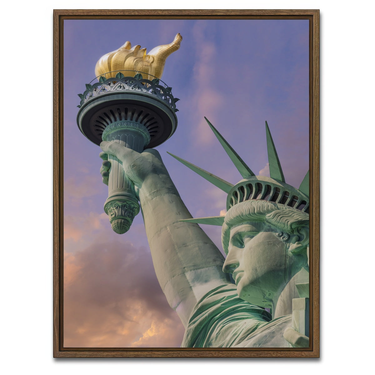 AUTO-MOCKUP WHITE | NEW YORK CITY Statue of Liberty at sunset | 1 Piece | Walnut Framed Canvas | group=3x4