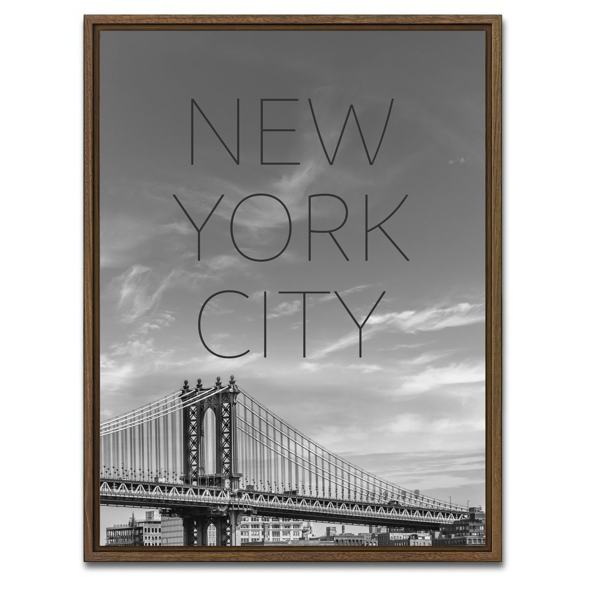 AUTO-MOCKUP WHITE | NYC Manhattan Bridge Text | 1 Piece | Walnut Framed Canvas | group=3x4