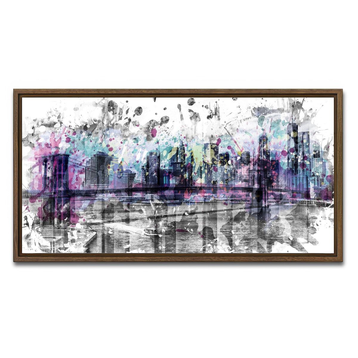 AUTO-MOCKUP WHITE | NYC Skyline Splashes | 1 Piece | Walnut Framed Canvas | group=2x1