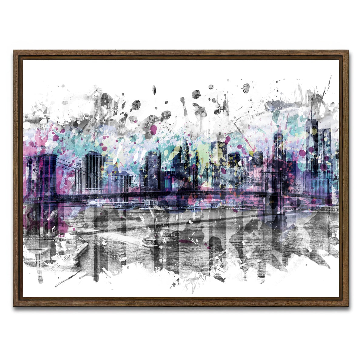 AUTO-MOCKUP WHITE | NYC Skyline Splashes | 1 Piece | Walnut Framed Canvas | group=4x3