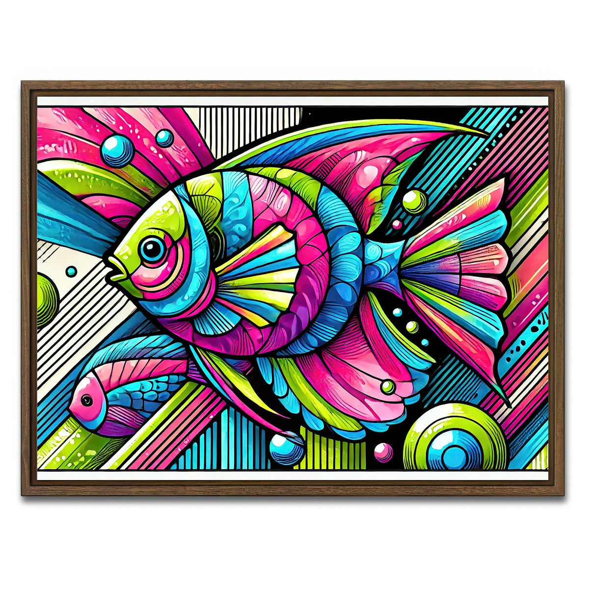 AUTO-MOCKUP WHITE | Neon Pop Art Fish | 1 Piece | Walnut Framed Canvas | group=4x3