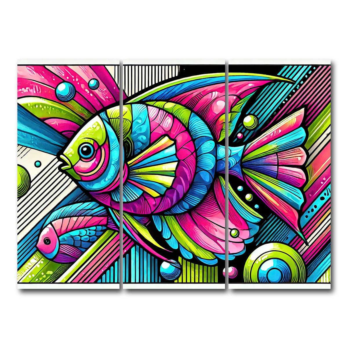 AUTO-MOCKUP WHITE | Neon Pop Art Fish | 3 Piece | Gallery Wrap Canvas | group=8x18