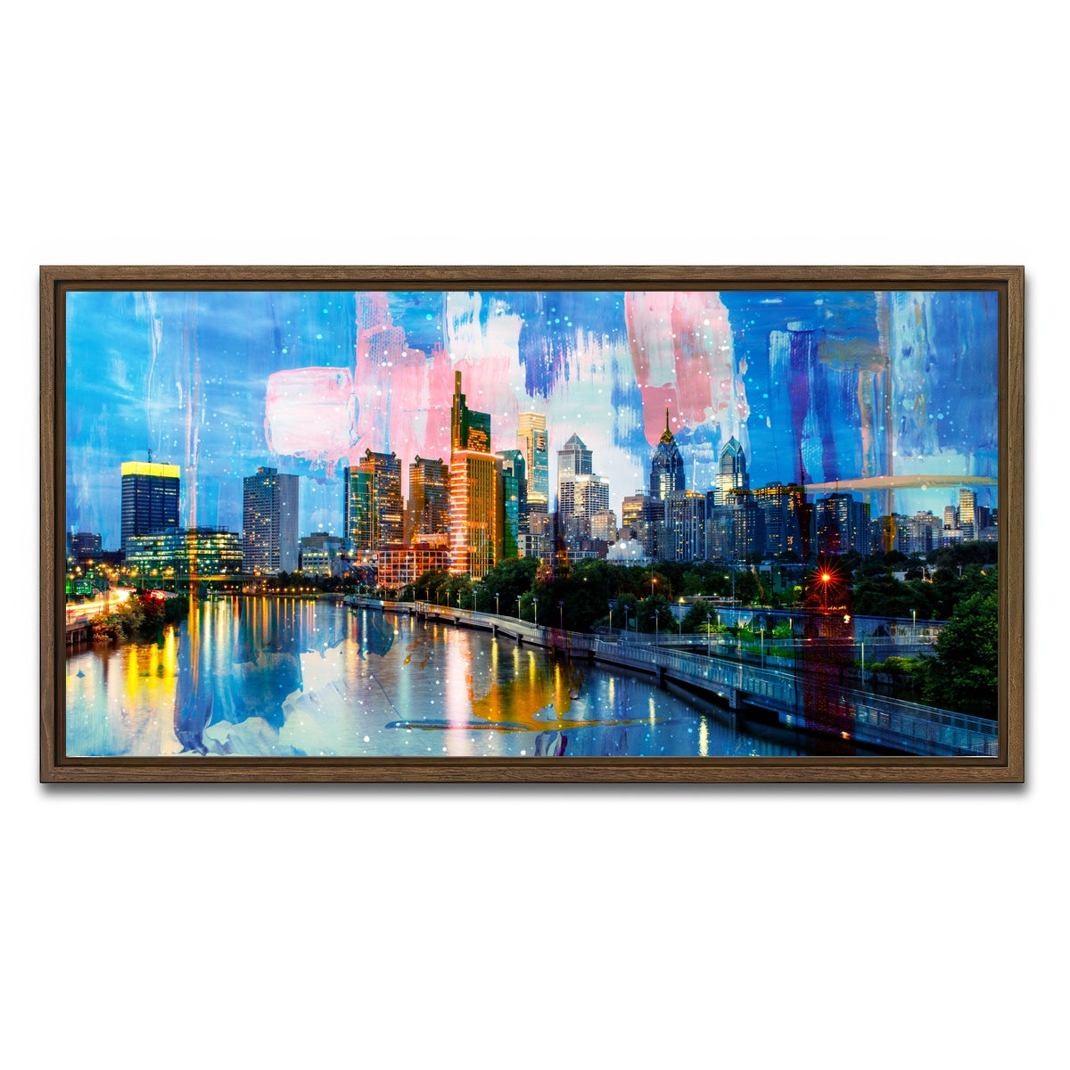 AUTO-MOCKUP WHITE | New Philadelphia Skyline | 1 Piece | Walnut Framed Canvas | group=2x1