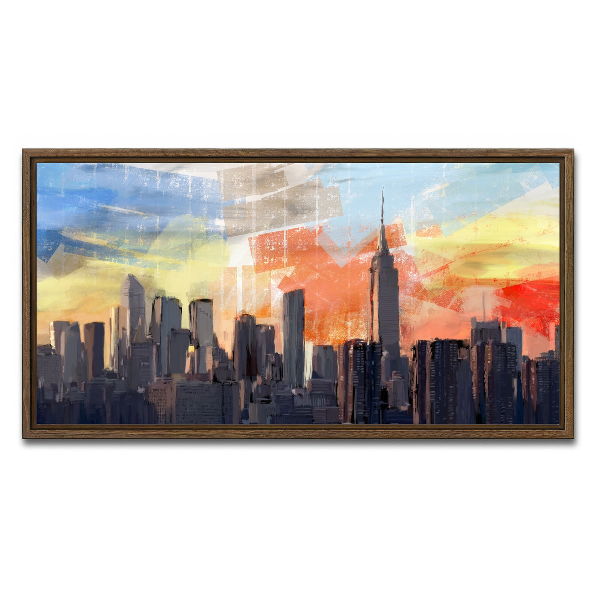 AUTO-MOCKUP WHITE | New York City Skyline at Sunset | 1 Piece | Walnut Framed Canvas | group=2x1